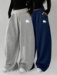 Tween Girl Casual Versatile Drawstring Waist Sweatpants - Navy Blue - View 1