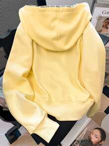 青少年女孩可愛學院風酷女孩甜美度假休閒寬鬆夾克，秋冬 Y2K 秋季穿搭學生淺黃色 - 黃色 - 查看 3