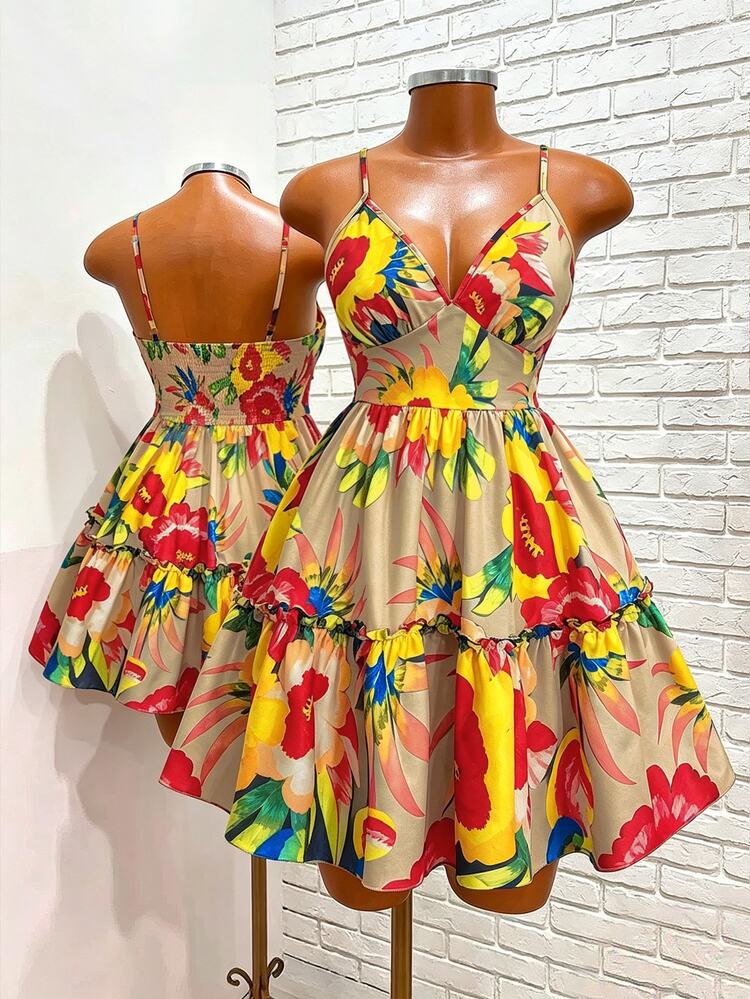 SHEIN Women's Halter Neck V-Neck Vintage Passion Tropical Floral Print Shirred Backless Elastic Waist Ruffled Hem Maxi Dress, Suitable For Party, Beach, Holiday A-Line Beach Vacation Dress,Pool Party Dress,Spring/Summer Travel Dress,Birthday Dress,Music Festival Concert Dress - Multicolor - View 7