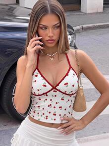 SHEIN ICON 女式 Y2k 夏季服装拼色樱桃印花露背吊带可爱背心 - 白色 - 查看 2