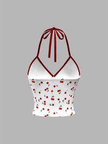 SHEIN ICON 女式 Y2k 夏季服装拼色樱桃印花露背吊带可爱背心 - 白色 - 查看 7