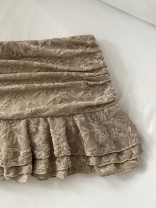 Elamini Women's Elegant Fairy Cute Ruffle Hem Vacation Style Mini Skirt, Autumn, Preppy Style Party Brunch Date Date Night Brown - Khaki - View 7