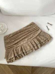 Elamini Women's Elegant Fairy Cute Ruffle Hem Vacation Style Mini Skirt, Autumn, Preppy Style Party Brunch Date Date Night Brown - Khaki - View 2