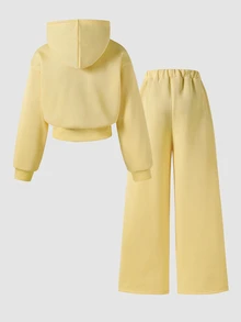 SHEIN Teen Girls Jacket Set, Brown, Jacket + Pants 2 Pieces Set, Loose Fit, Warm For Autumn/Winter, Fashionable Versatile, Casual Teen Streetwear, Zipper - Yellow - View 2