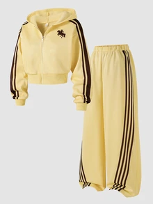 SHEIN Teen Girls Jacket Set, Brown, Jacket + Pants 2 Pieces Set, Loose Fit, Warm For Autumn/Winter, Fashionable Versatile, Casual Teen Streetwear, Zipper - Yellow - View 5