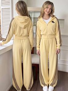 SHEIN Teen Girls Jacket Set, Brown, Jacket + Pants 2 Pieces Set, Loose Fit, Warm For Autumn/Winter, Fashionable Versatile, Casual Teen Streetwear, Zipper - Yellow - View 3