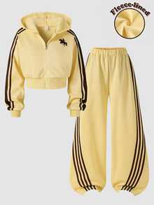 SHEIN Teen Girls Jacket Set, Brown, Jacket + Pants 2 Pieces Set, Loose Fit, Warm For Autumn/Winter, Fashionable Versatile, Casual Teen Streetwear, Zipper - Yellow - View 4