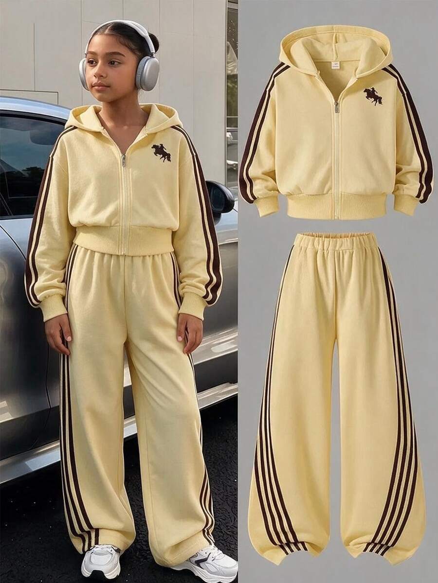 SHEIN Teen Girls Jacket Set, Brown, Jacket + Pants 2 Pieces Set, Loose Fit, Warm For Autumn/Winter, Fashionable Versatile, Casual Teen Streetwear, Zipper - Yellow - View 1