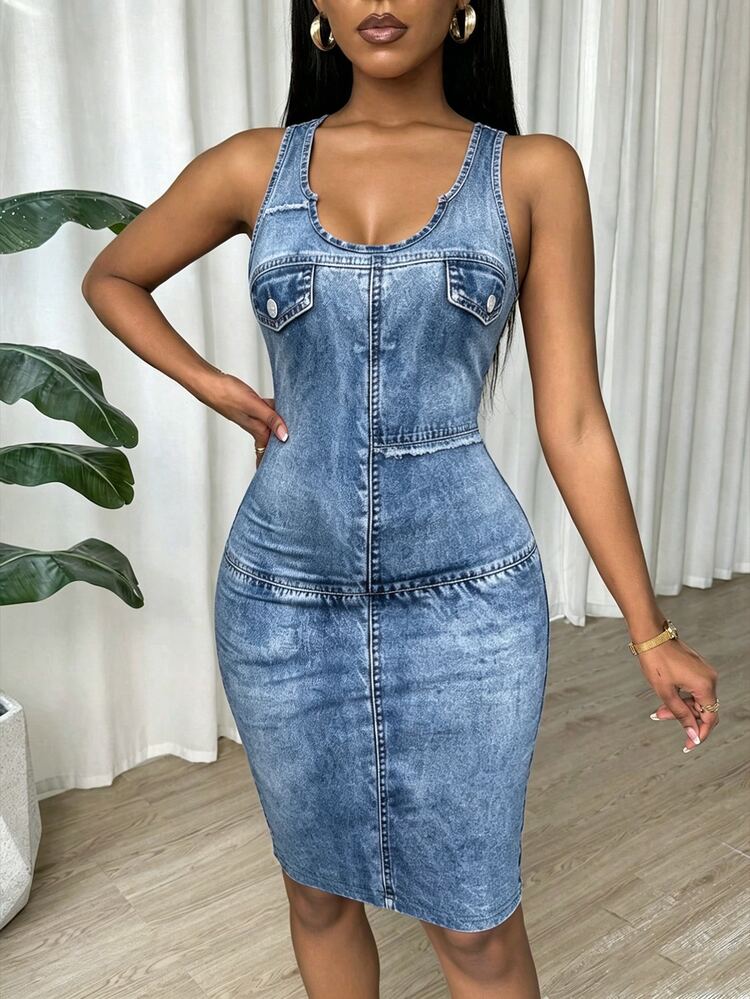 Eryvara Summer Casual Denim Effect Print Sleeveless Fitted Dress - Blue - View 5