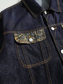 ROMWE MEN Men's Leopard Print Patchwork Loose Fit Denim Jacket - Multicolor - View 2