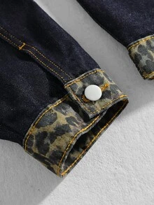 ROMWE MEN Men's Leopard Print Patchwork Loose Fit Denim Jacket - Multicolor - View 6