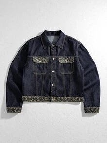 ROMWE MEN Men's Leopard Print Patchwork Loose Fit Denim Jacket - Multicolor - View 1
