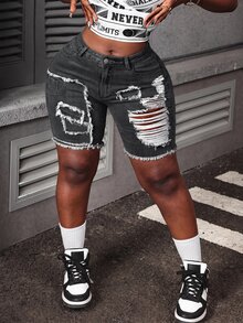 Slaydiva Plus Size Distressed Skinny Fit Denim Shorts - Dark Grey - View 5