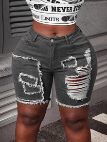 Slaydiva Plus Size Distressed Skinny Fit Denim Shorts - Dark Grey - View 3