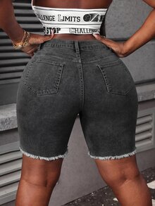 Slaydiva Plus Size Distressed Skinny Fit Denim Shorts - Dark Grey - View 2