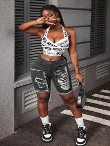 Slaydiva Plus Size Distressed Skinny Fit Denim Shorts - Dark Grey - View 6