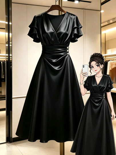 GlowEve CURVE Plus Size Women's Elegant Waist Tie Button Decor Dress, Luxury Party Wedding Guest