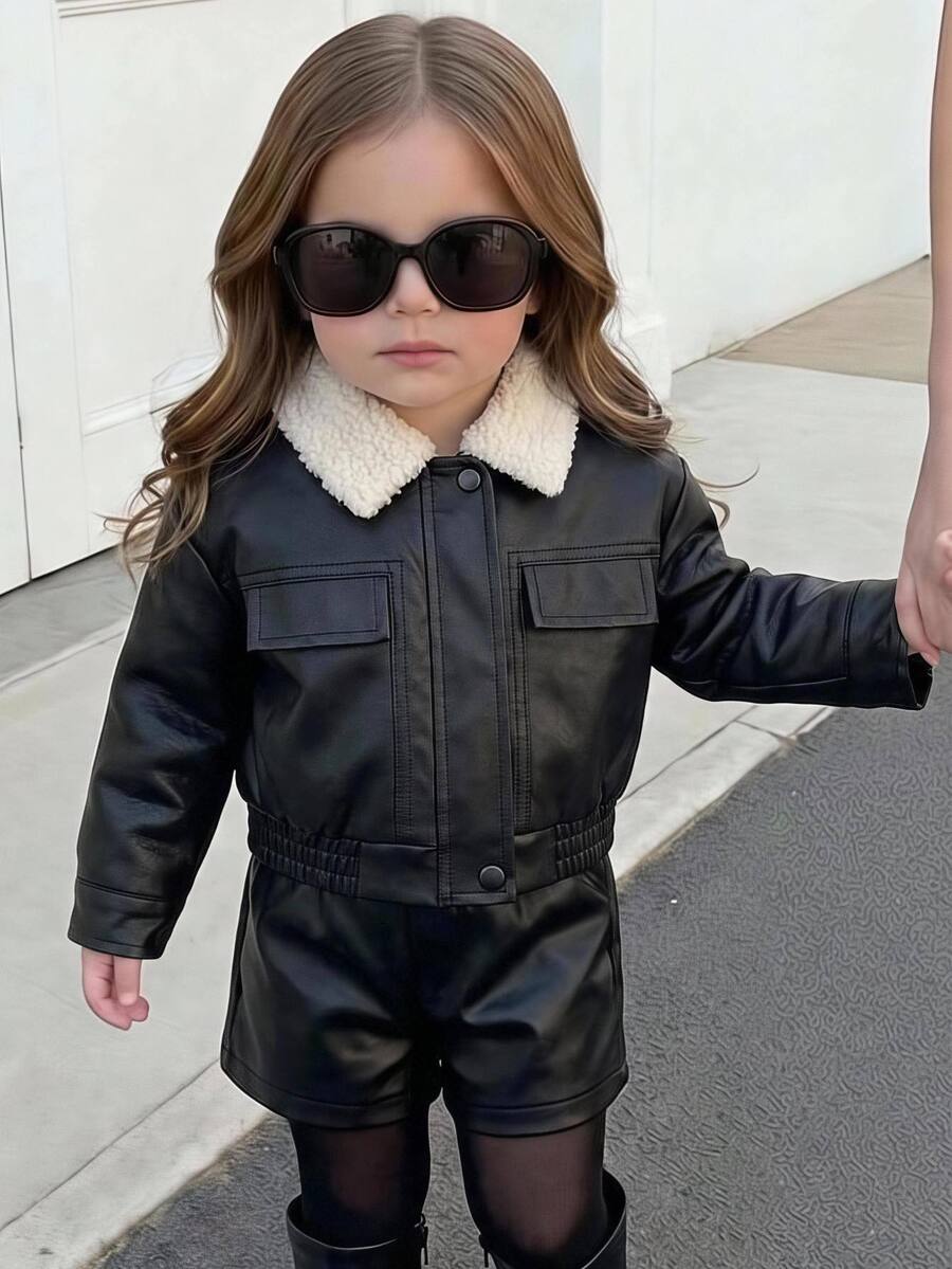 SHEIN Baby Girl Woven PU Leather Patchwork Faux Fur Collar Casual Jacket, Thermal Lined Brushed Thick Style, Suitable For Winter - Black - View 1