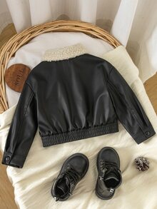 SHEIN 女嬰編織PU皮革拼接人造毛領休閒夾克，保暖內裡刷毛加厚款，適合冬季 - 黑色 - 查看 2