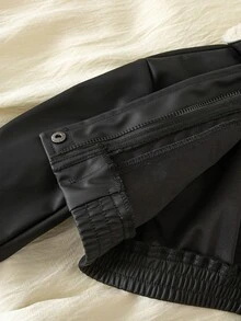 SHEIN 女嬰編織PU皮革拼接人造毛領休閒夾克，保暖內裡刷毛加厚款，適合冬季 - 黑色 - 查看 5