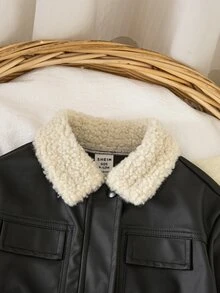 SHEIN 女嬰編織PU皮革拼接人造毛領休閒夾克，保暖內裡刷毛加厚款，適合冬季 - 黑色 - 查看 4