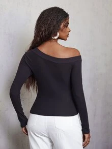Eryvara Women's Black Solid Color Oblique Shoulder Long Sleeve Buckle Top,Urban Design Fitted Tops For Autumn Night Out Seksi Chic,Black Mesh Decor Top - Black - View 2