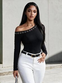 Eryvara Women's Black Solid Color Oblique Shoulder Long Sleeve Buckle Top,Urban Design Fitted Tops For Autumn Night Out Seksi Chic,Black Mesh Decor Top - Black - View 1