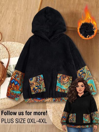 Rusticease Plus Size Vintage Casual Boho Cartoon Print Hooded Sweatshirt For Vacation Formal Going Out Beach Black Autumn