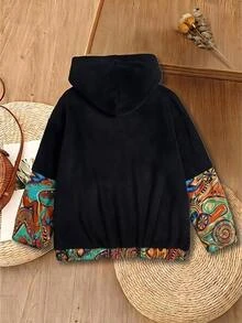Rusticease Plus Size Vintage Casual Boho Cartoon Print Hooded Sweatshirt For Vacation Formal Going Out Beach Black Autumn - Black - View 4