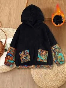 Rusticease Plus Size Vintage Casual Boho Cartoon Print Hooded Sweatshirt For Vacation Formal Going Out Beach Black Autumn - Black - View 3