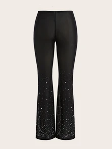 SHEIN X KeniaOs SHEIN ICON 镂空开叉下摆网眼喇叭裤（不含内裤） - 黑色 - 查看 2