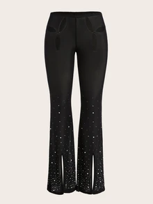 SHEIN X KeniaOs SHEIN ICON 镂空开叉下摆网眼喇叭裤（不含内裤） - 黑色 - 查看 8