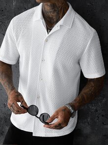 SLATEMANN Men's Solid Color Knit Textured Loose Drop Shoulder Casual Modest Vacation Daily Streetwear Turn Collar Short Sleeve Shirt Vacation White Summer - White - View 5