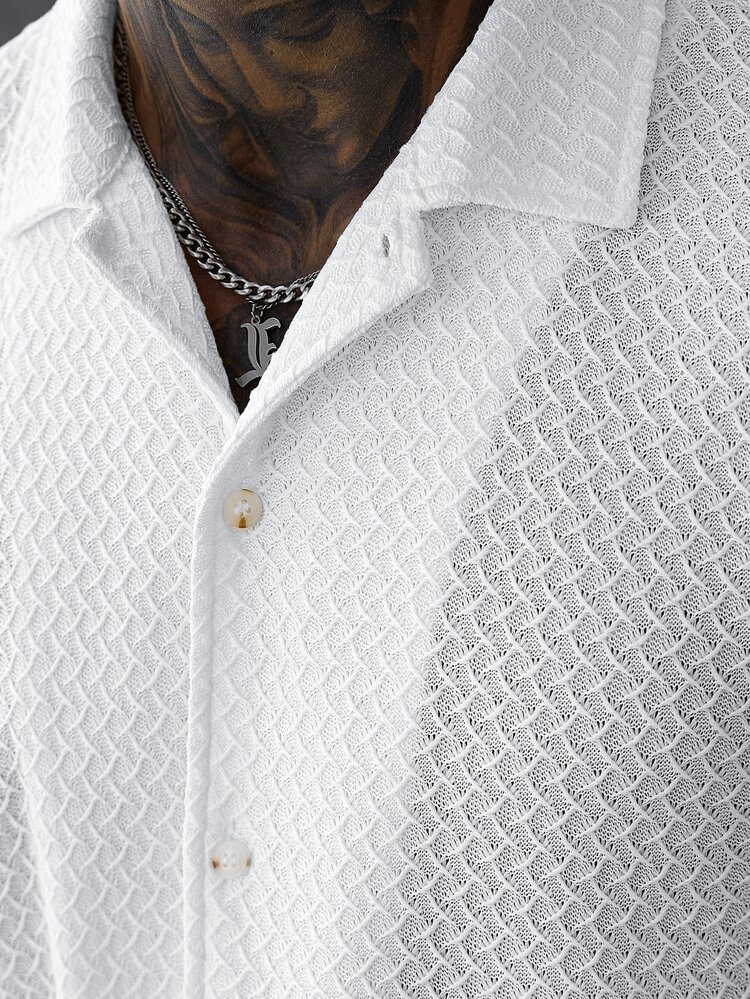 SLATEMANN Men's Solid Color Knit Textured Loose Drop Shoulder Casual Modest Vacation Daily Streetwear Turn Collar Short Sleeve Shirt Vacation White Summer - White - View 3