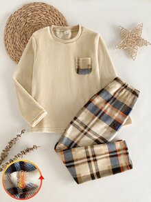 SHEIN 5套隨機發送 1套秋季大童男童居家服 簡約日式風格男童法蘭絨睡衣 秋冬加厚抓絨長袖長褲兩件套，圓領拼接格紋口袋設計，寬鬆不束縛，5色款隨機發送，可作為睡衣套裝在室內外穿著 - 彩色 - 查看 2