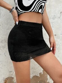 SHEIN ICON 素色破洞緊身針織短裙不帶內褲 - 黑色 - 查看 7