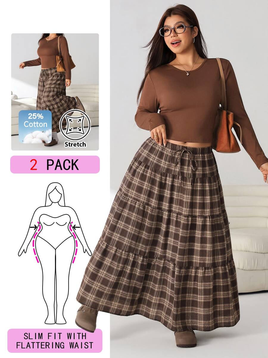 Solflare New F/W Plus Size Brown Long Sleeve Top & Vintage Brown Plaid Ruffle Hem Skirt 2 Pieces Set For Work, Outings, Dates & School - Multicolor - View 1