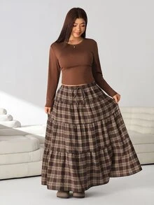 Solflare New F/W Plus Size Brown Long Sleeve Top & Vintage Brown Plaid Ruffle Hem Skirt 2 Pieces Set For Work, Outings, Dates & School - Multicolor - View 3
