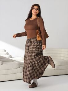Solflare New F/W Plus Size Brown Long Sleeve Top & Vintage Brown Plaid Ruffle Hem Skirt 2 Pieces Set For Work, Outings, Dates & School - Multicolor - View 5