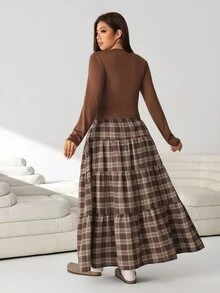 Solflare New F/W Plus Size Brown Long Sleeve Top & Vintage Brown Plaid Ruffle Hem Skirt 2 Pieces Set For Work, Outings, Dates & School - Multicolor - View 2