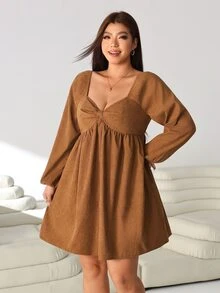 Solflare Gaun Kasual Wanita Ukuran Plus Warna Polos Leher Bentuk Hati Lengan Lentera - Khaki - View 4