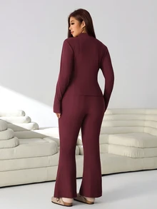 Solflare Plus Size Women Solid Color Long Sleeve Top And Pants 2 Pieces Set - Burgundy - View 2