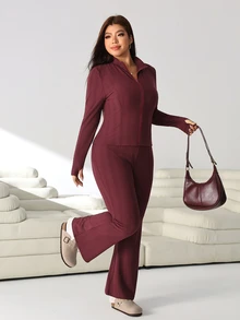 Solflare Plus Size Women Solid Color Long Sleeve Top And Pants 2 Pieces Set - Burgundy - View 5