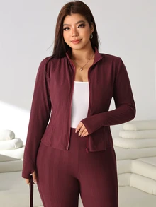 Solflare Plus Size Women Solid Color Long Sleeve Top And Pants 2 Pieces Set - Burgundy - View 6