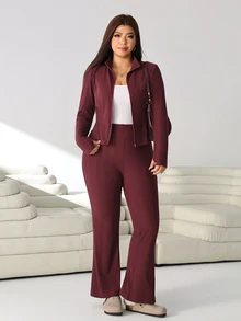 Solflare Plus Size Women Solid Color Long Sleeve Top And Pants 2 Pieces Set - Burgundy - View 9