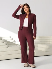 Solflare Plus Size Women Solid Color Long Sleeve Top And Pants 2 Pieces Set - Burgundy - View 7