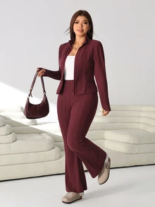 Solflare Plus Size Women Solid Color Long Sleeve Top And Pants 2 Pieces Set - Burgundy - View 4