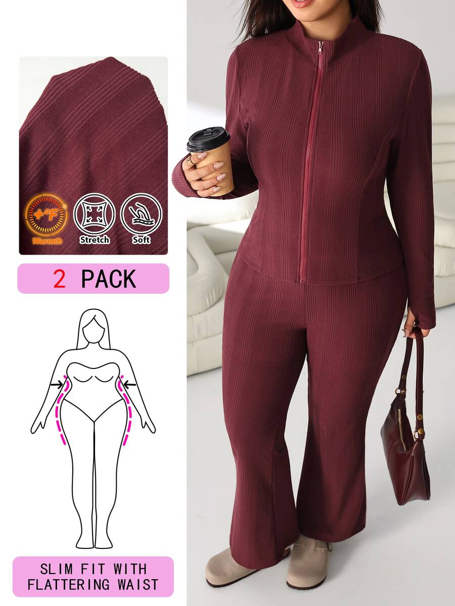 Solflare Plus Size Women Solid Color Long Sleeve Top And Pants 2 Pieces Set - Burgundy - View 1
