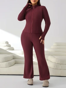 Solflare Plus Size Women Solid Color Long Sleeve Top And Pants 2 Pieces Set - Burgundy - View 8