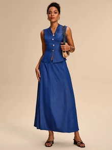 Eryvara Women's Casual Commuter Button Decor Camisole And Skirt Set, Summer - Blue - View 3